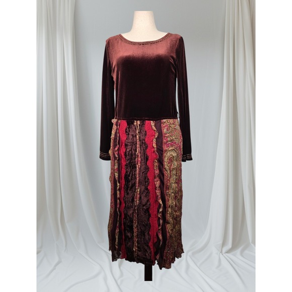 Bandolino Dresses & Skirts - VTG‎ Y2K Bandolino Dress Women's 12 Brown Velvet Paisley Beaded Gypsy Whimsigoth